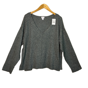 New AUDEN Women Plus 1X Grey Super Soft Cotton Blend Boxy Vneck Cozy‎ Sweater